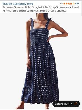 Navy Blue Smocked Maxi Dress with Pink Dot Print